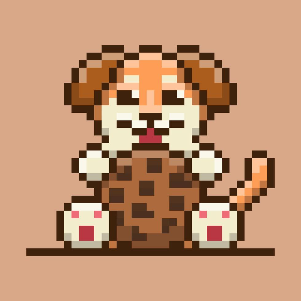 A pixel art illustration of a dog or puppy embracing a large chocolate chip cookie. The pixelated style adds a nostalgic and retro feel. vector