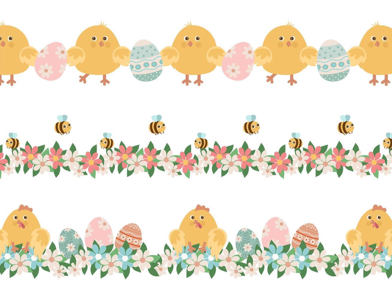 Easter horizontal pattern with chickens, spring flowers and Easter eggs. Border or frame design. vector