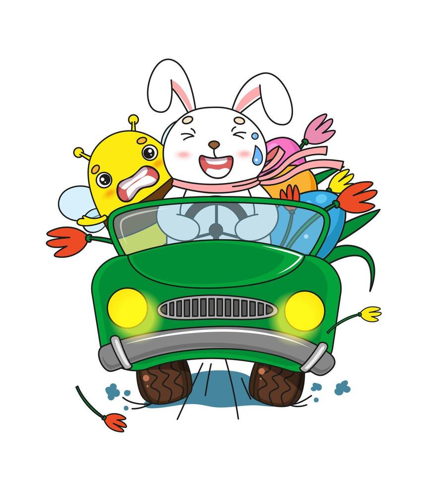 Easter greeting postcard. Cute cartoon white rabbit and bee driving a car. Easter kawaii characters. vector
