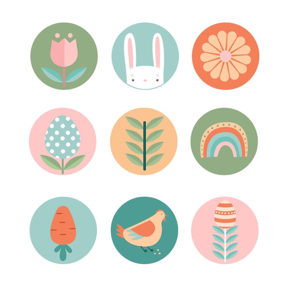 Easter cute icons set. Spring flowers, Easter rabbit, chicken, carrot. vector