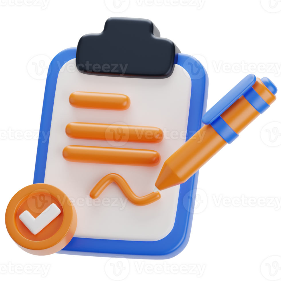 A clipboard with a pen and check mark. contract 3d icon png