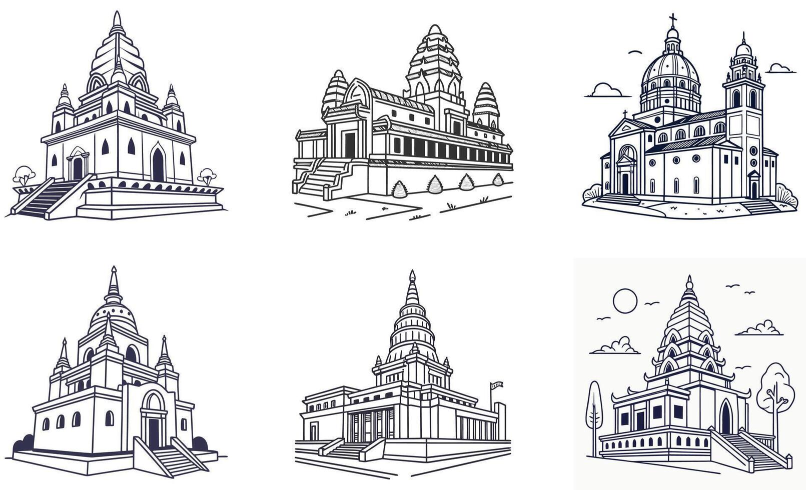 A set of four different buildings, including a temple, a pagoda and a pagoda vector