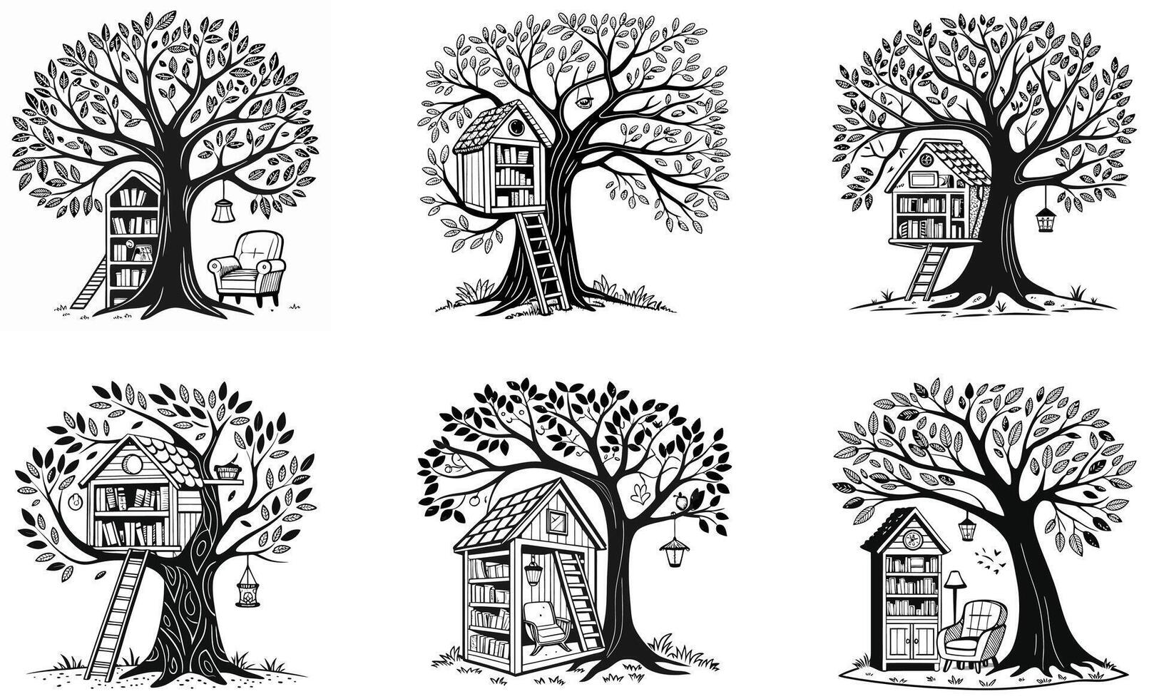 A set of four tree houses with a birdhouse and a ladder vector