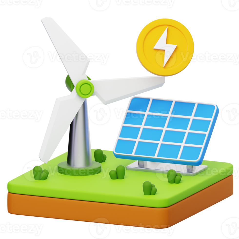 A wind turbine and solar panel on a green field png