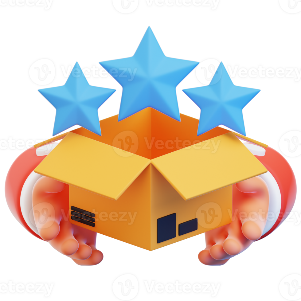 A box with three stars on it and two hands holding it png