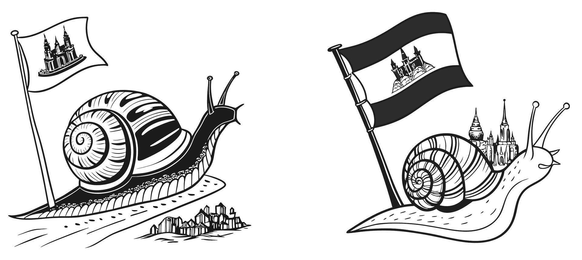 Two snail and a flag with a castle vector