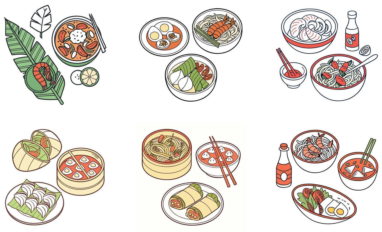 A set of different types of food in bowls vector