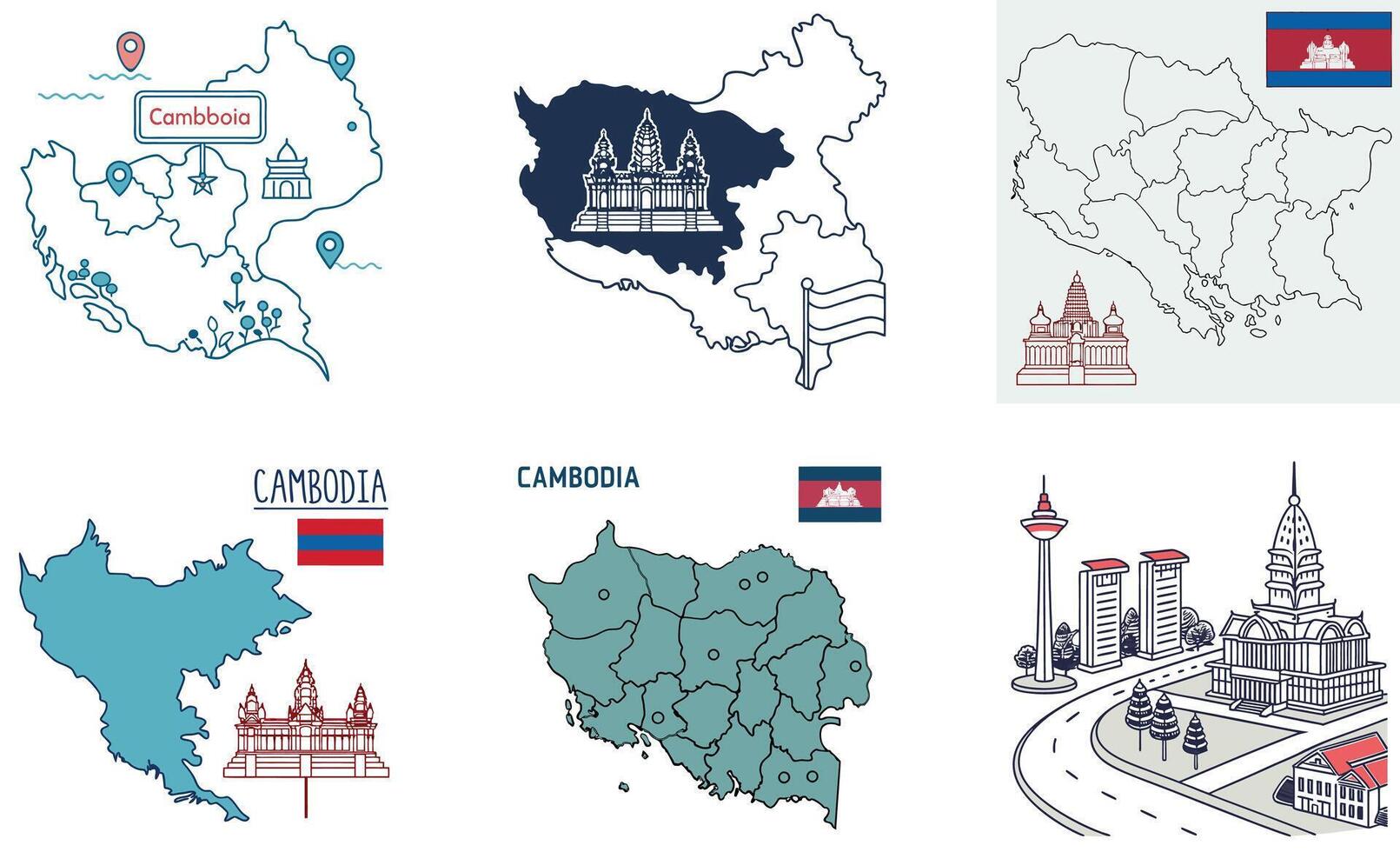 Cambodia map with cambodia flag and landmarks illustration vector