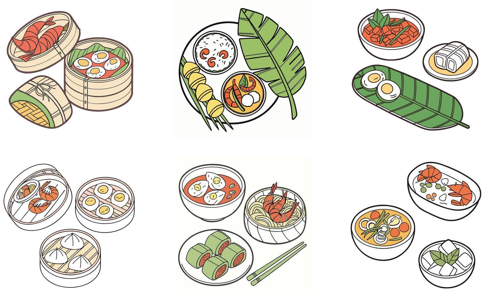 A set of different types of food in bowls vector