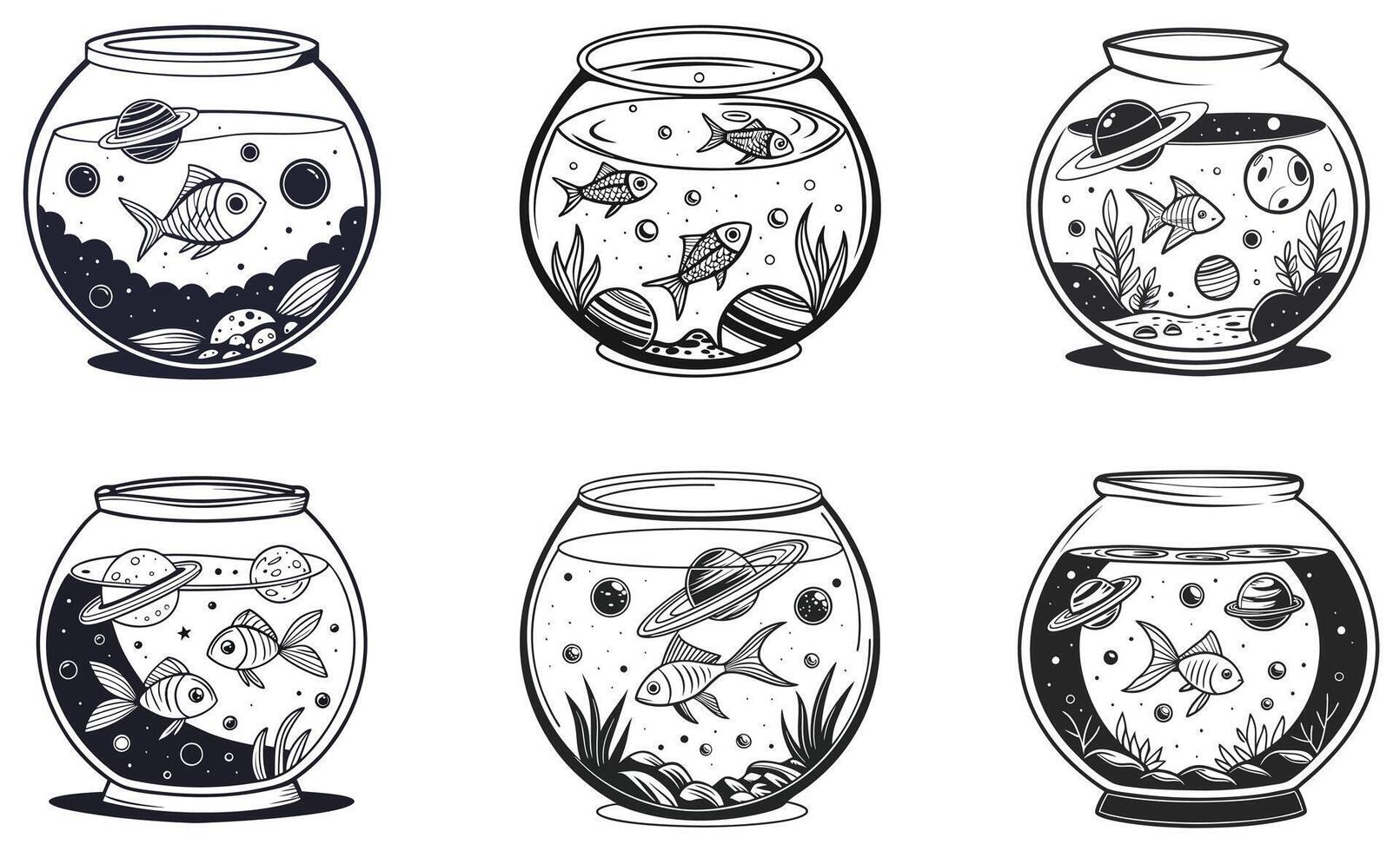 Aquariums with fish and other objects in them vector