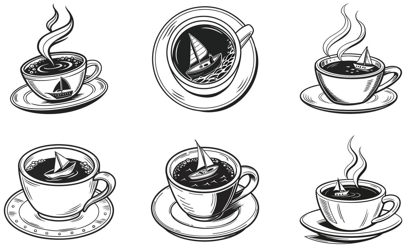 Coffee cups and saucers with steam and coffee vector