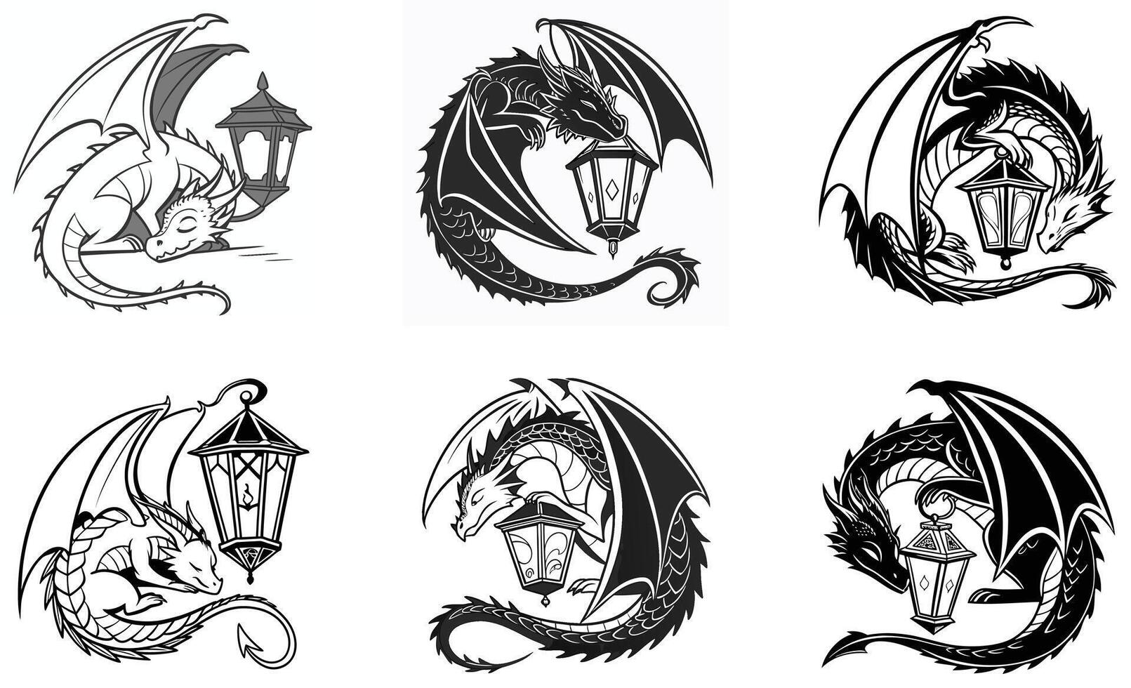 Dragon tattoos with lanterns and dragon heads vector