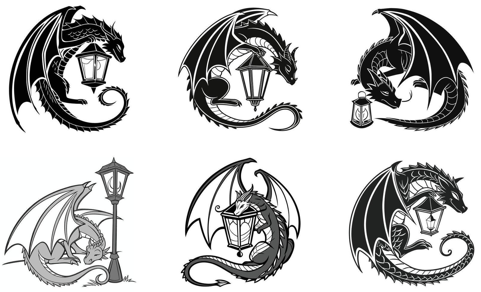 Dragon tattoos with lanterns and dragon heads vector