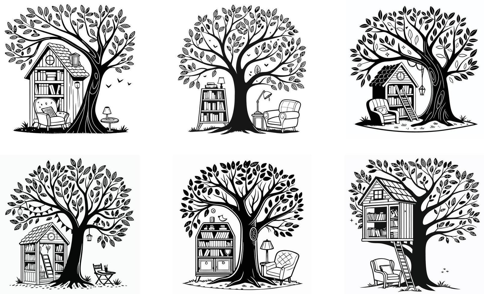 A set of illustrations of trees with houses in them vector