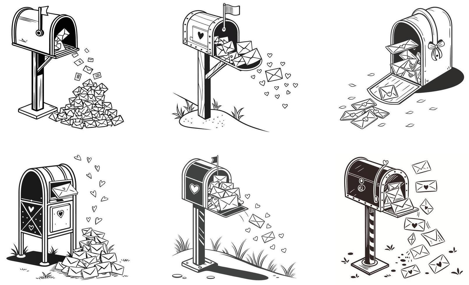 A set of four different mailboxes with different types of mail vector