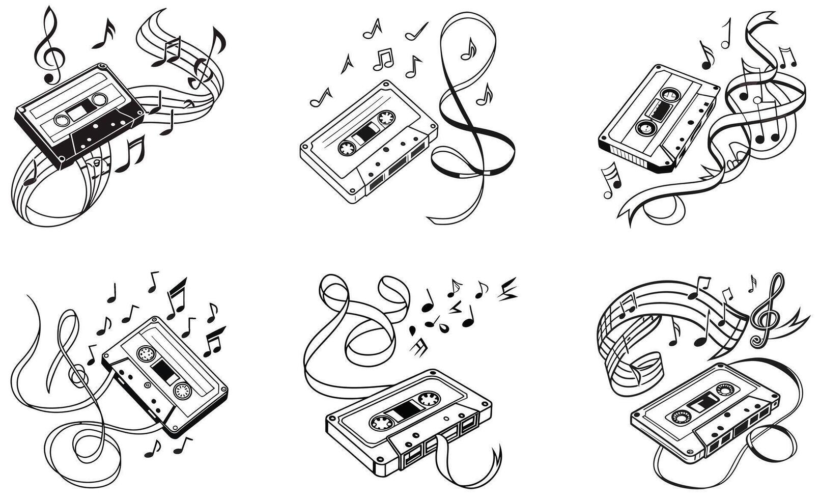 A set of four different types of music notes and a cassette vector