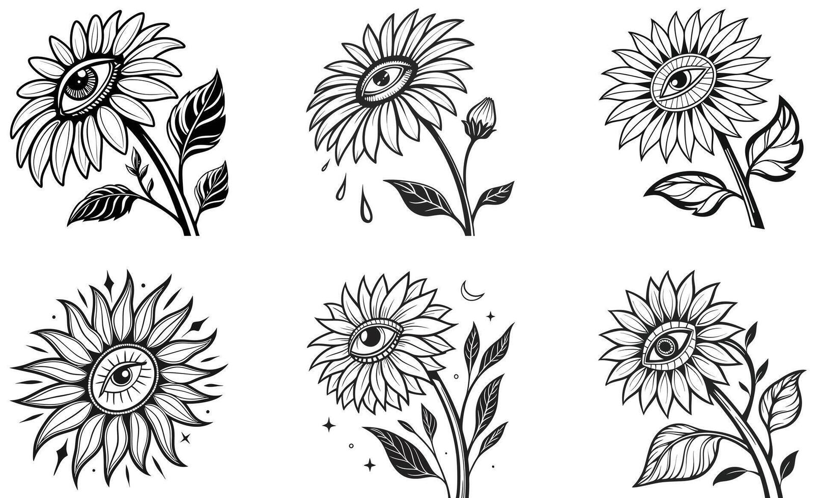 Sunflower tattoo design set vector