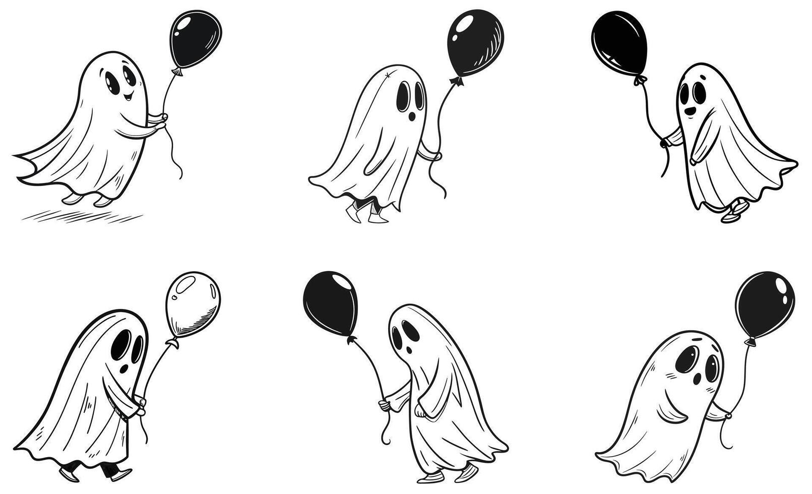 A set of cartoon ghost characters with balloons vector