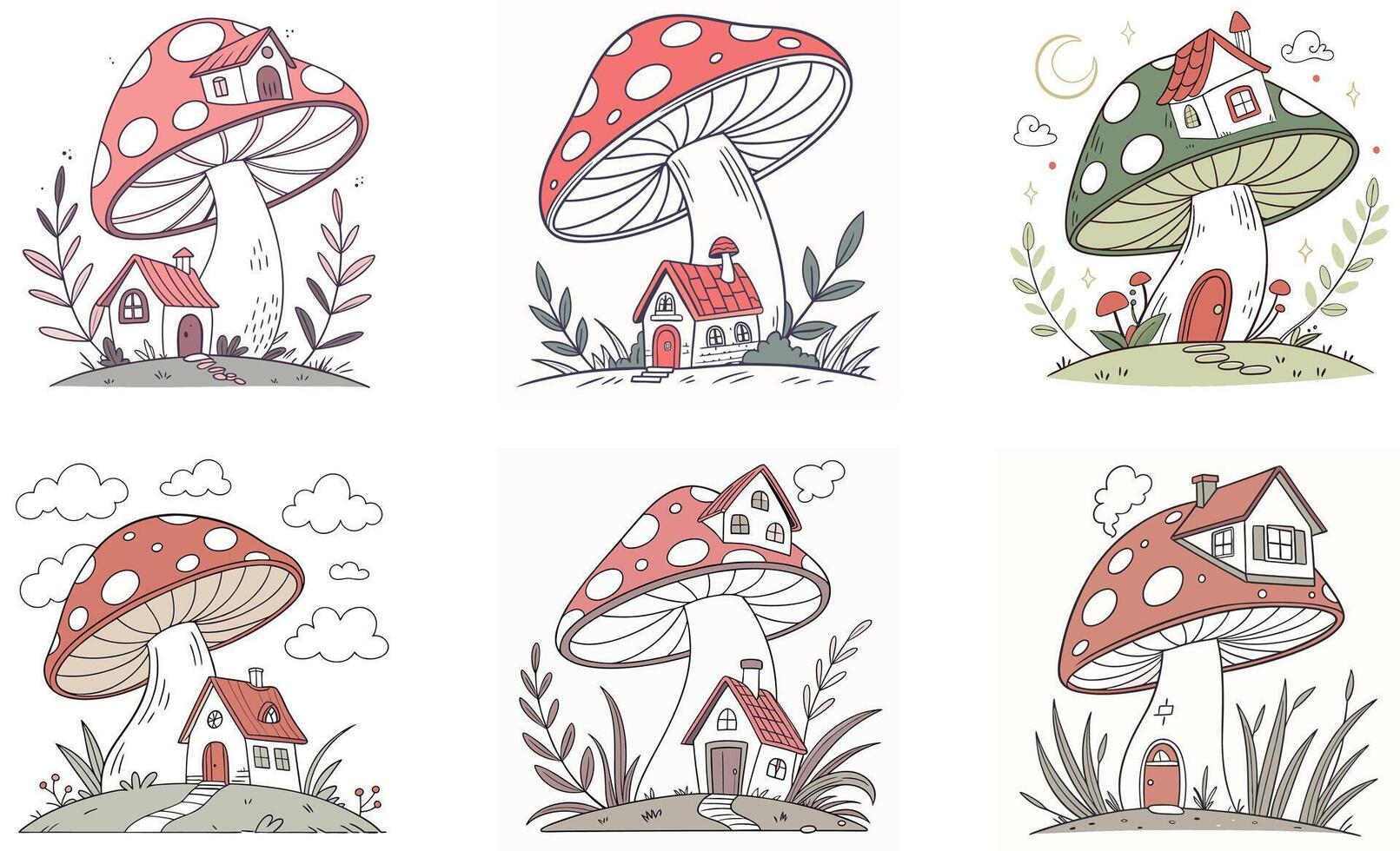 Set of mushroom houses with houses and trees vector