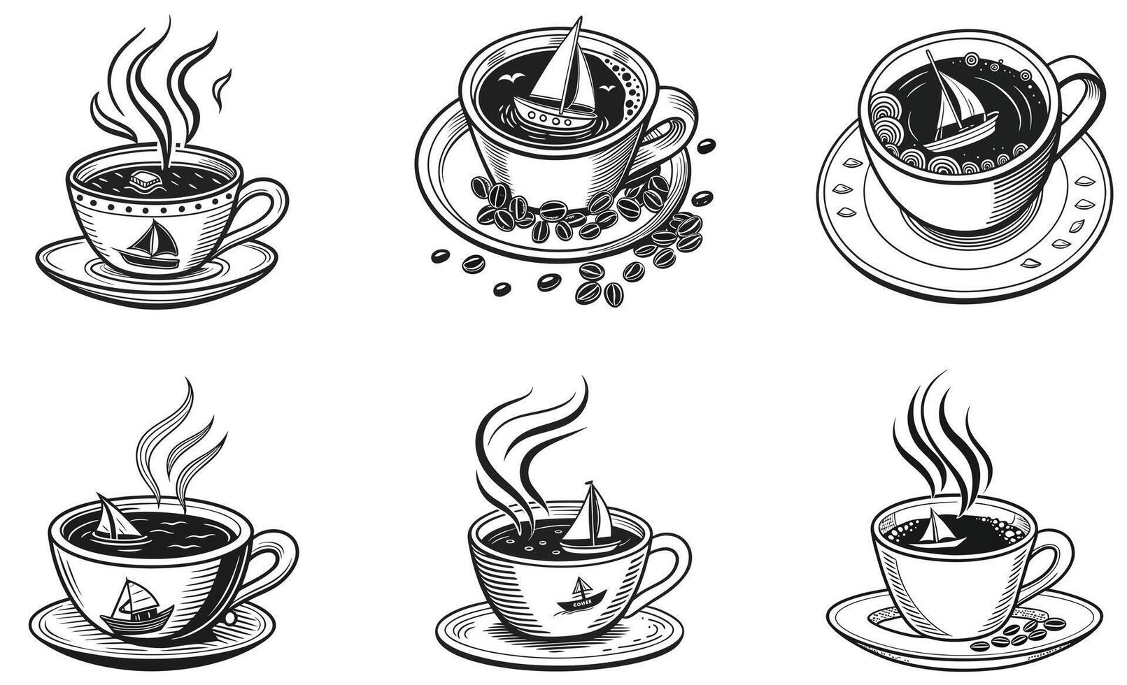 Coffee cups and saucers with steam and coffee vector