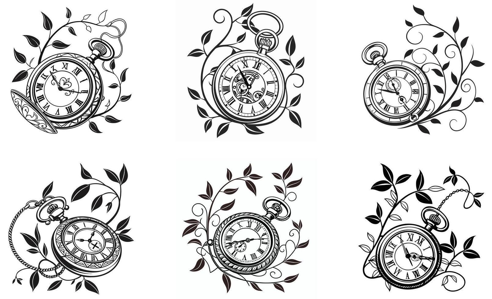 A set of four different clocks with leaves and flowers vector