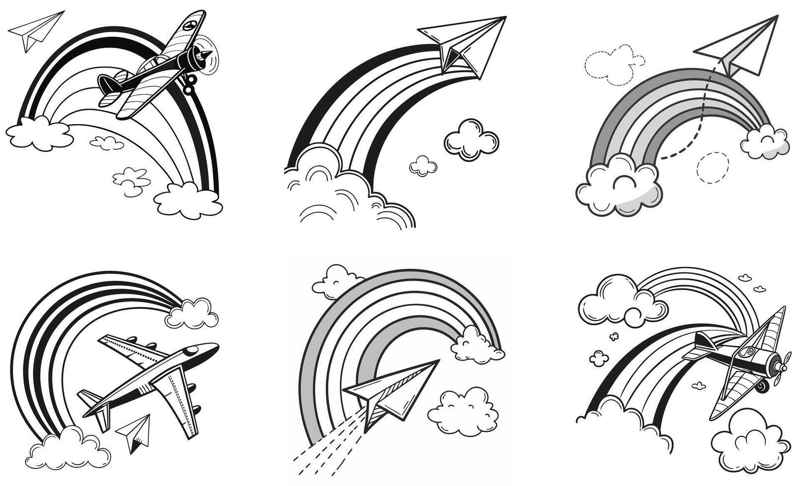 A set of four drawings of airplanes flying over a rainbow vector