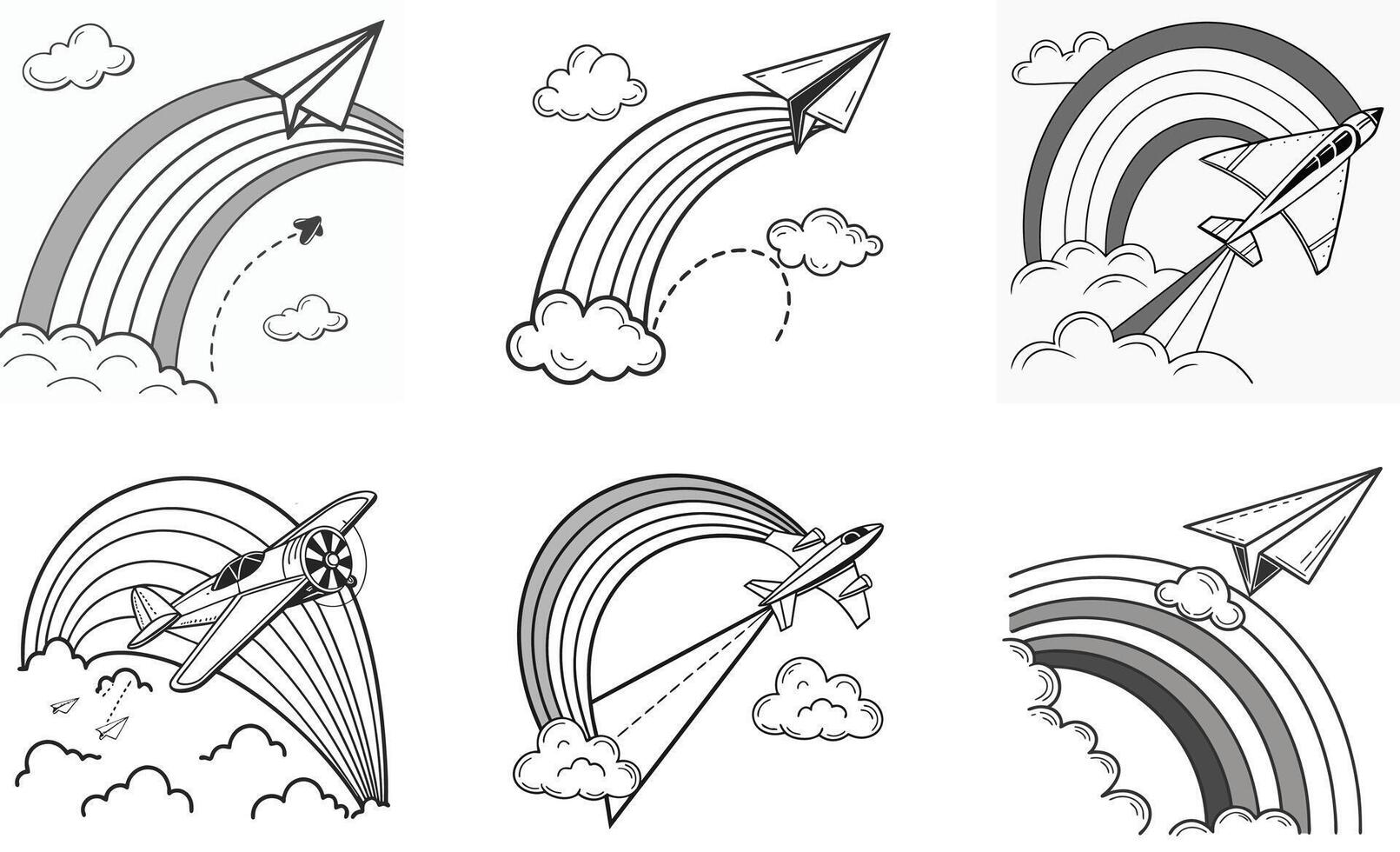 A set of four drawings of airplanes flying over a rainbow vector