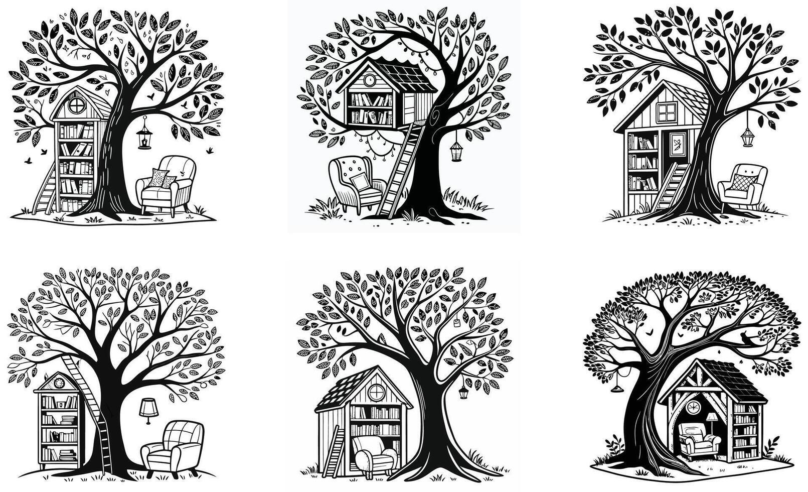 A set of four illustrations of trees with houses vector