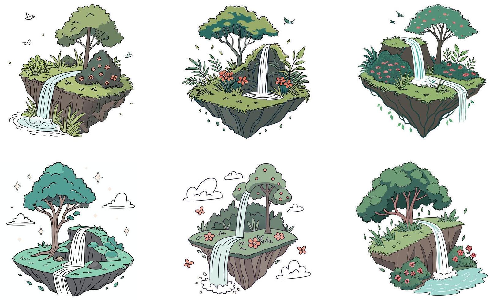 A set of illustrations depicting different types of trees and waterfalls vector