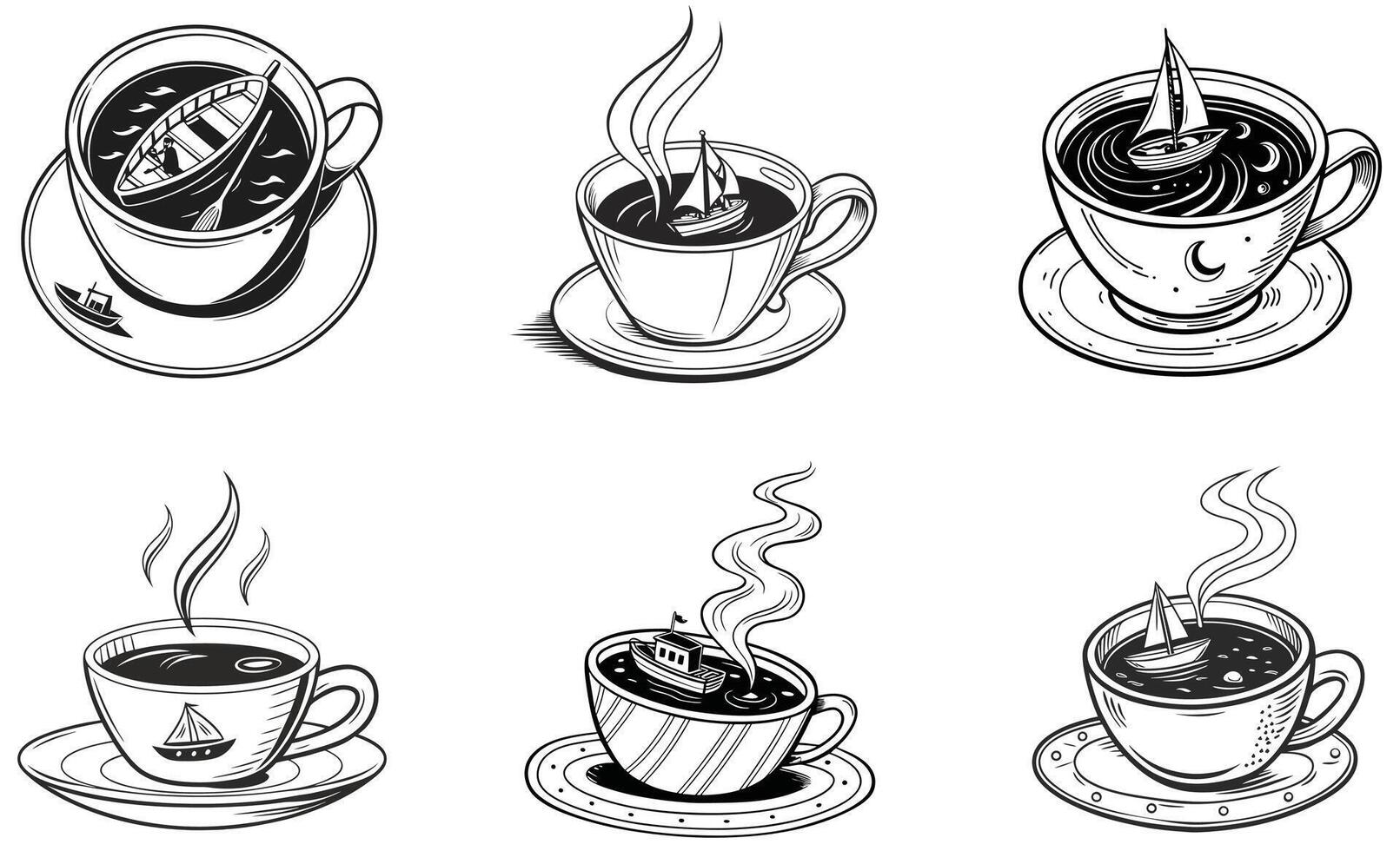 Coffee cups and saucers with steam and coffee vector