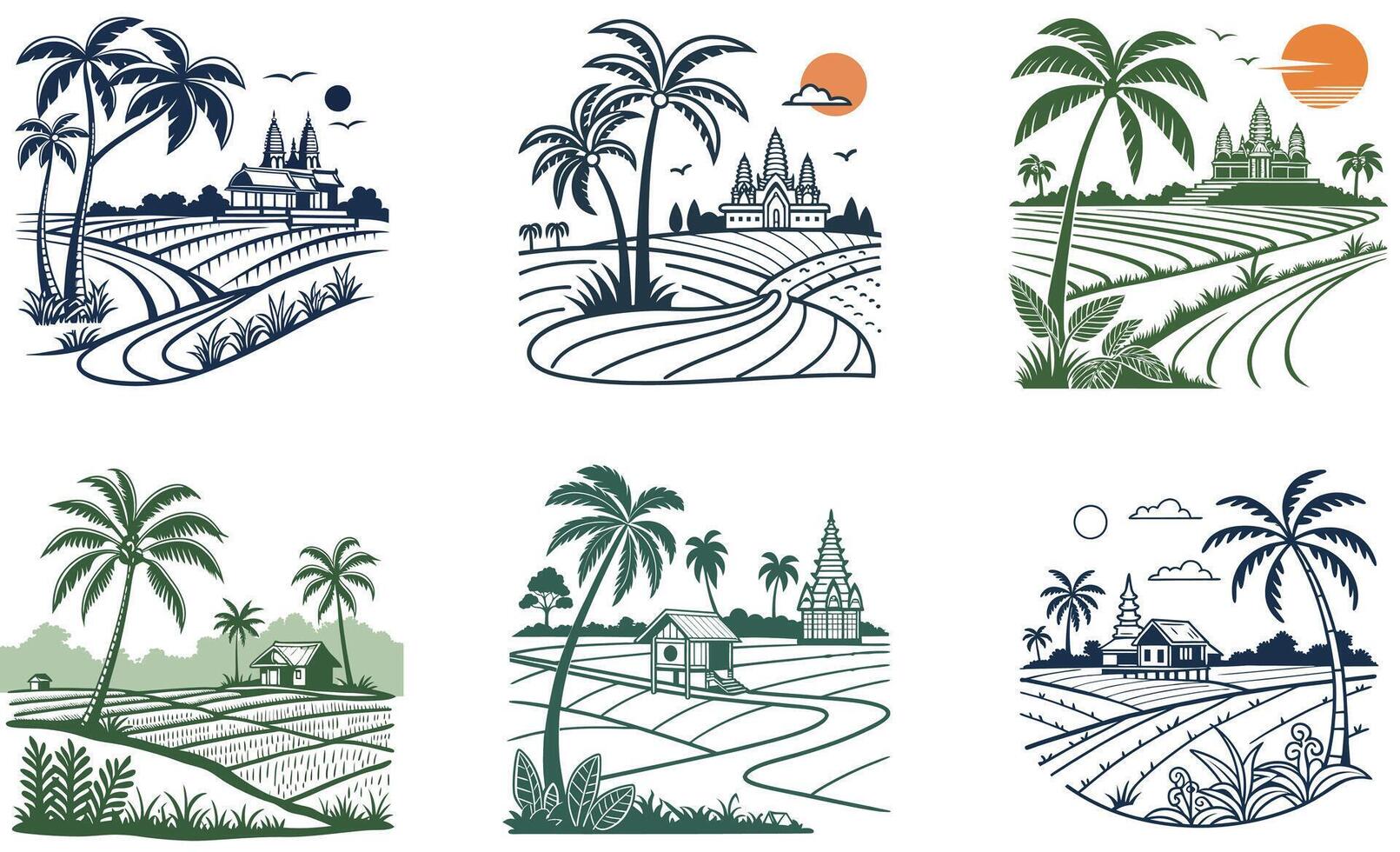 Four different illustrations of rice fields and palm trees vector