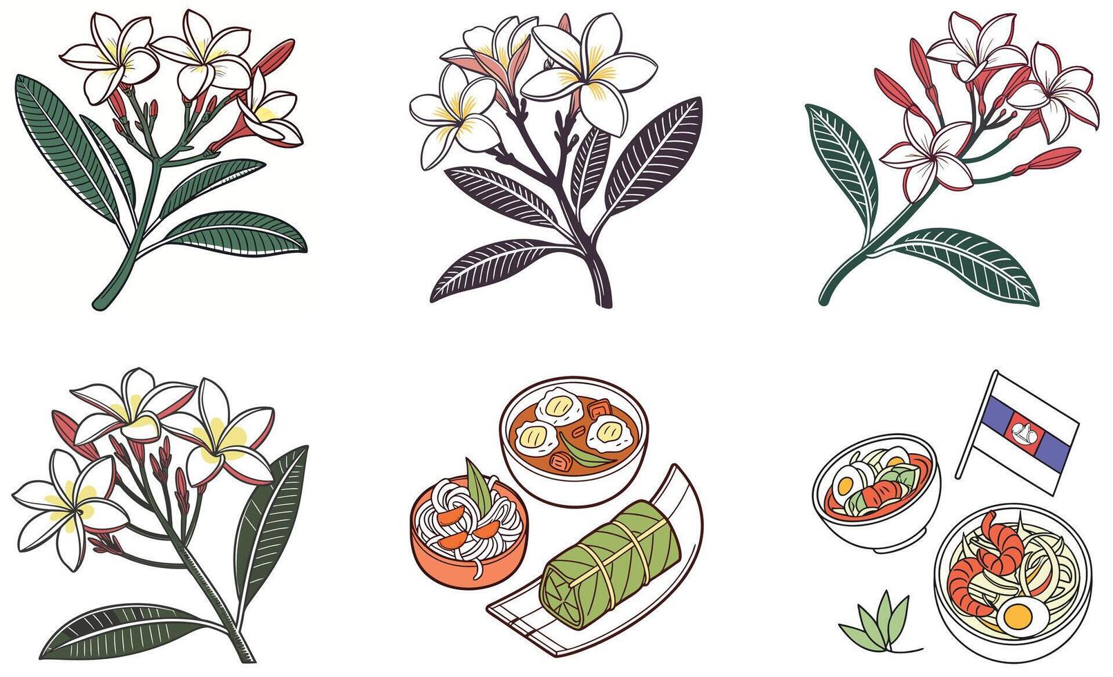 A set of four different flowers and food items vector