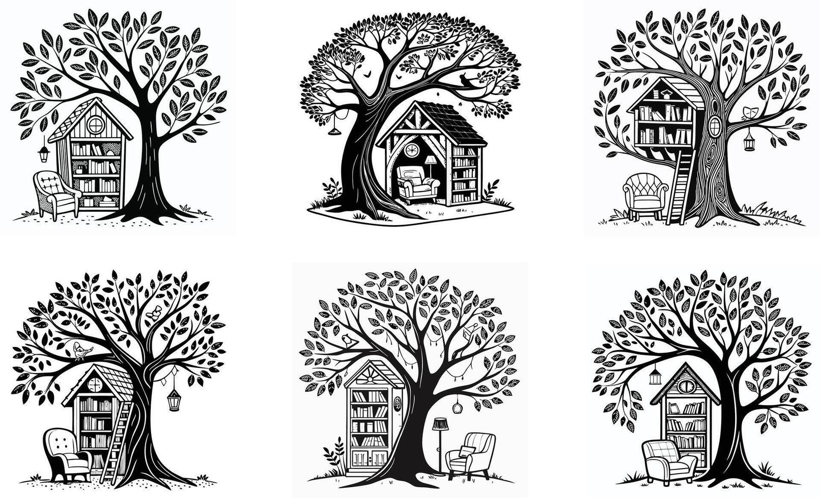 A set of four illustrations of trees with houses vector