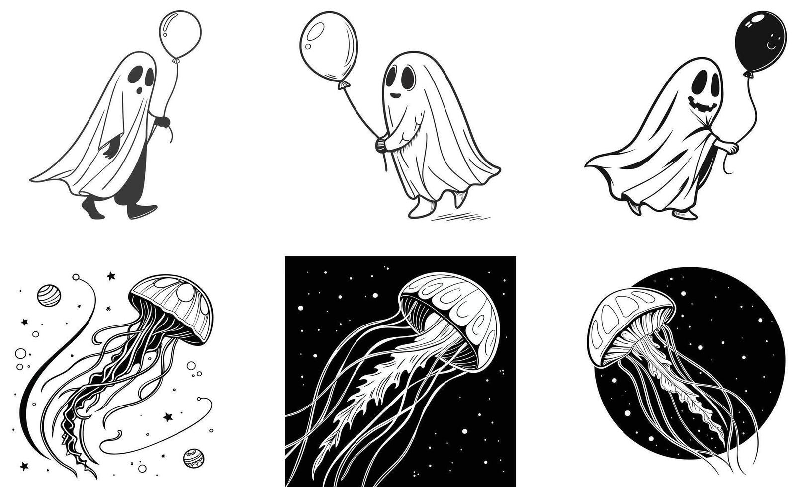 A set of four black and white drawings of ghosts and jellyfish vector