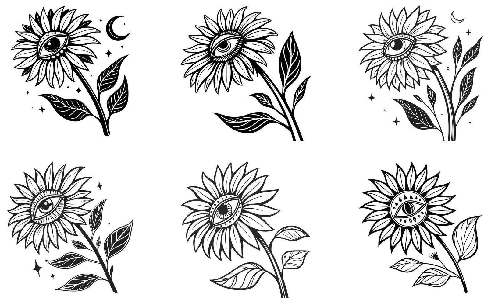 Sunflower tattoo design set vector