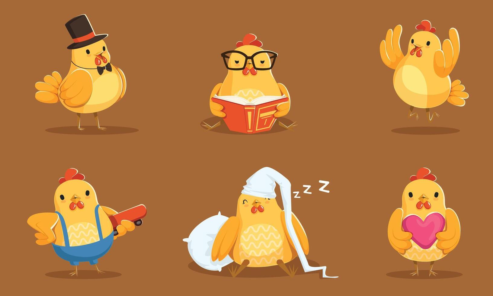 Set Of Animated Chicken In Different Actions Illustration Cartoon Character vector