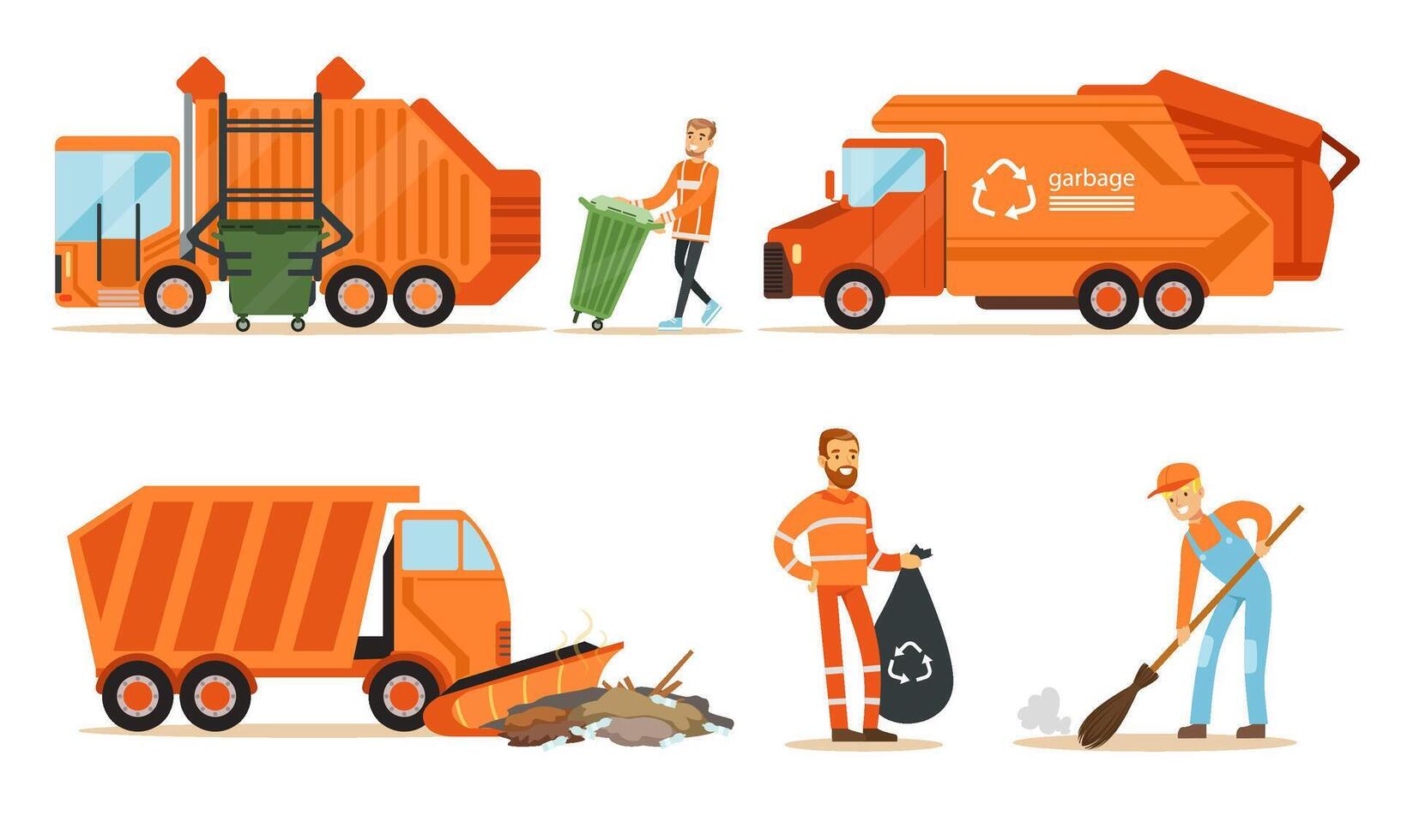 Orange garbage truck and a garbage collector remove garbage. Set of illustrations. vector
