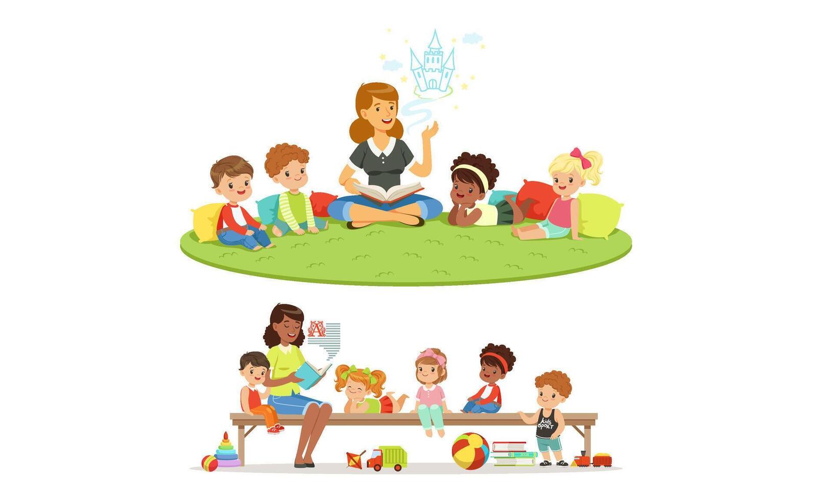 Kindergarten teacher reads a fairy tale. Set of illustrations. vector