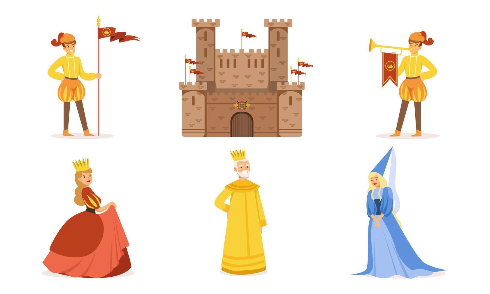 Medieval castle and people in costumes. Set of illustrations. vector
