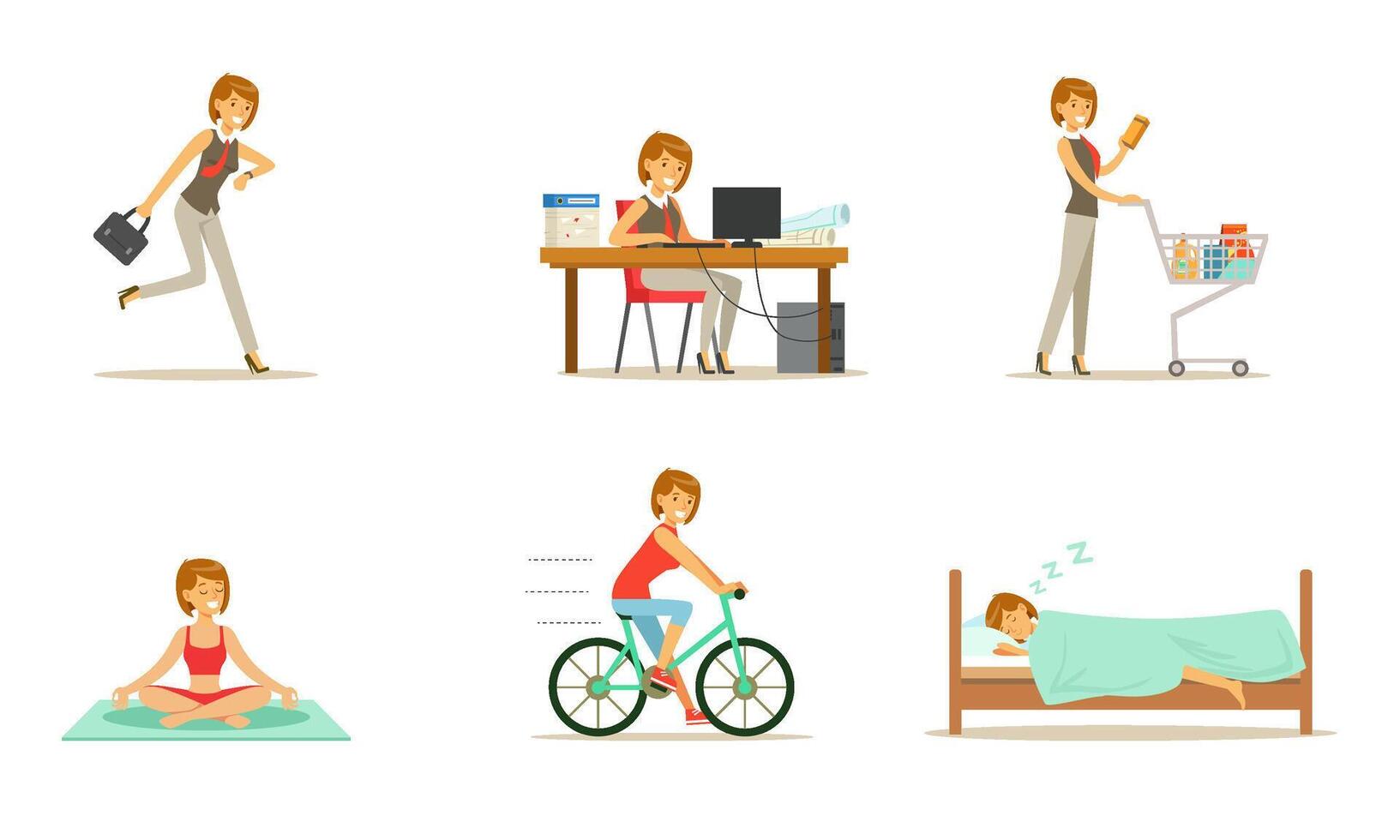 Life style and daily routine of a working woman. Set of illustrations. vector