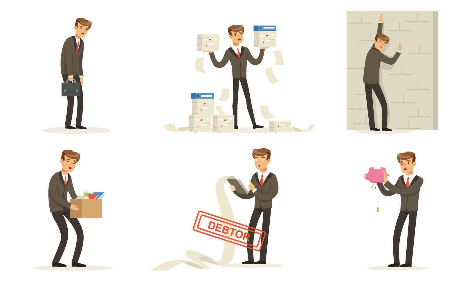 Manager Character Work, Failures And Losses, Debts And Bankruptcy Illustration Set Isolated On White Background vector