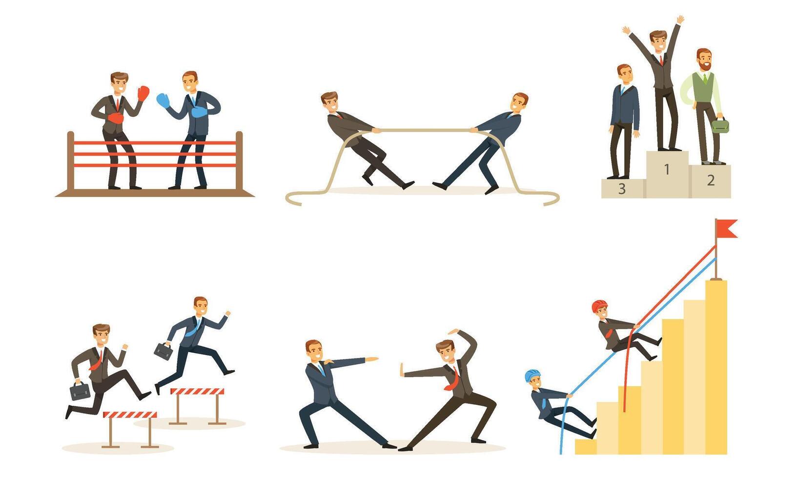 Office Workers Compete With Each Other, Achieve Goals Illustration Set Isolated On White Background vector
