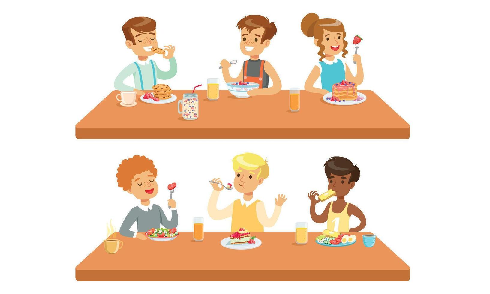 Different Conceptions Of Children Feeding, Healthy Meals And Fastfood Illustration Cartoon Character vector