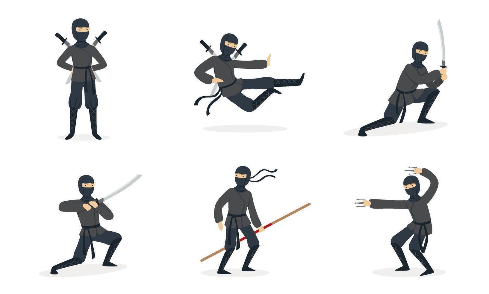 Ninja shows tricks. Set of illustrations. vector