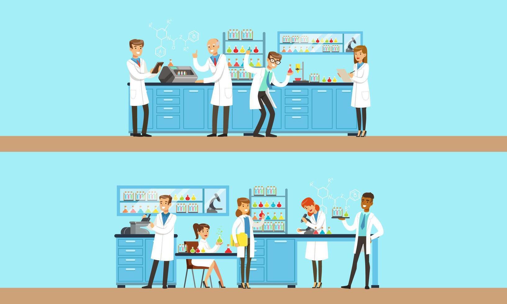 People in the laboratory are conducting an experiment. illustration on a blue background. vector