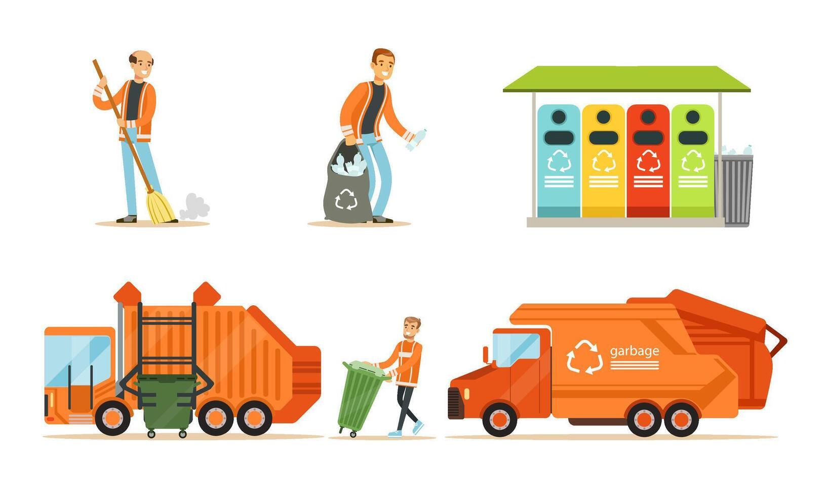 Orange garbage truck and garbage man. Set of illustrations. vector
