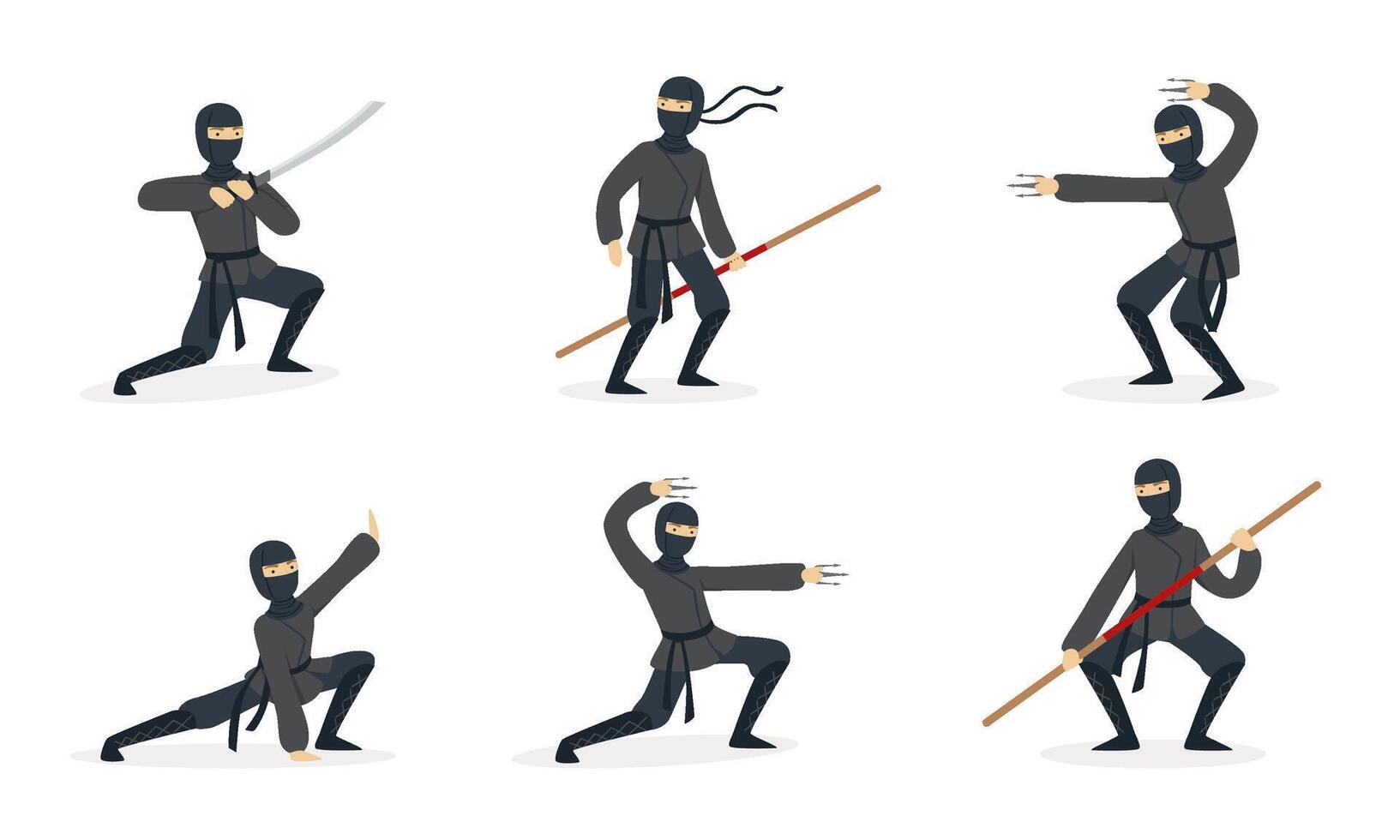 Ninja in black clothes and mask. Set of illustrations. vector