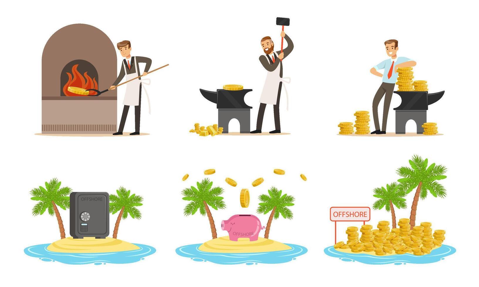 Man forges money. Gold coins on the island. Set of illustrations. vector