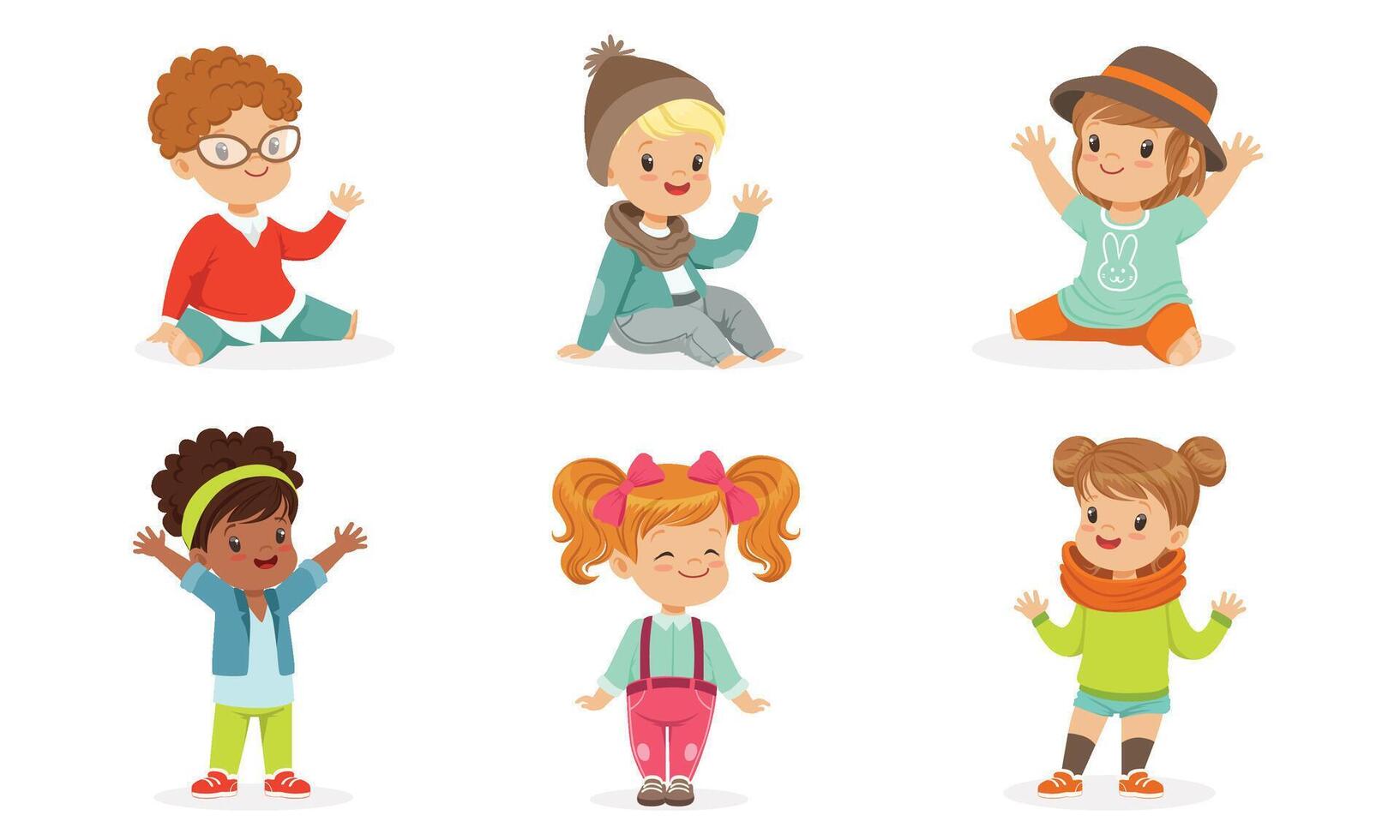 Set Of Pretty Toddlers In Colorful Wears In Motion Illustration Set Cartoon Character vector
