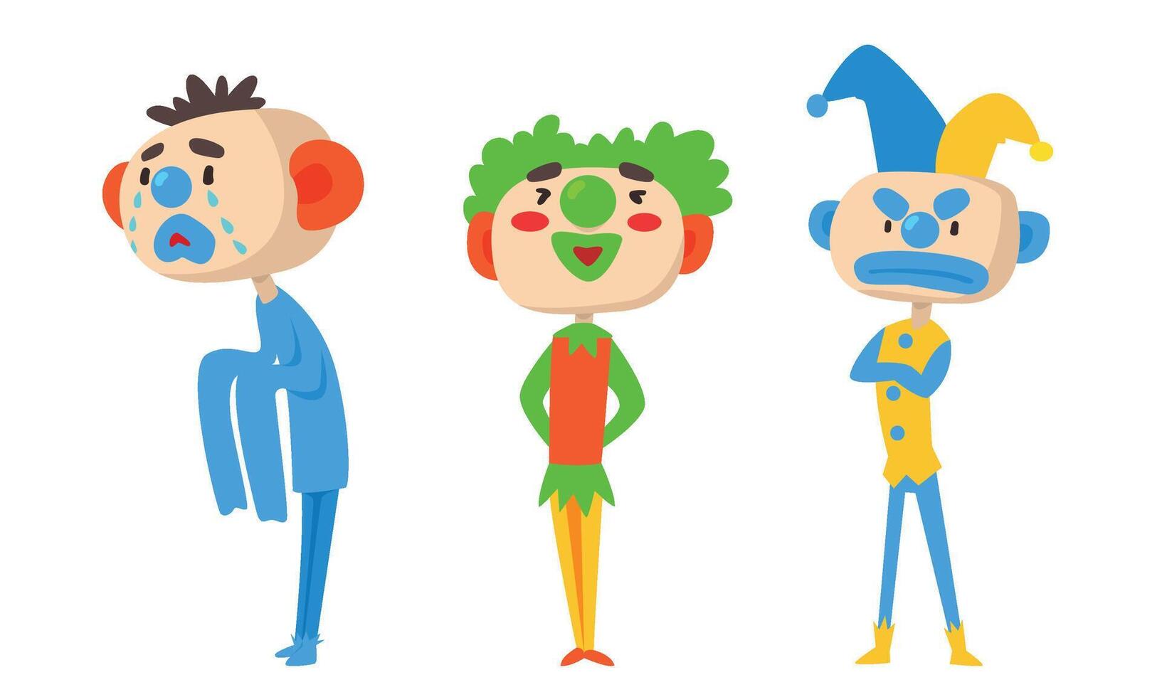 Three Clowns Harlequins With Different Emotions Illustration Set Cartoon Character vector